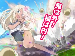 Rule 34 | 1girl, barefoot, beans, blonde hair, blue eyes, bridge, commentary request, confetti, crop top, explosion, flower, full body, glint, hair flower, hair ornament, head tilt, jumping, kantai collection, looking at viewer, one-piece tan, pointing, rebasuto, ro-500 (kancolle), sailor collar, school swimsuit, setsubun, smile, solo, swimsuit, swimsuit under clothes, tan, tanline, translation request