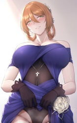 1girl absurdres bare_shoulders black_gloves blush breasts brown_hair chinese_commentary cleavage commentary_request dress flower girls&#039;_frontline gloves green_eyes grin hair_between_eyes hair_flower hair_ornament highres large_breasts leotard lifting_own_clothes long_hair looking_at_viewer purple_dress smile solo springfield_(girls&#039;_frontline) zhishi_ge_fangzhang