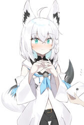 Rule 34 | 1girl, ahoge, animal ear fluff, animal ears, black shorts, blue neckerchief, blush, braid, commentary request, detached sleeves, earrings, ears up, envelope, flying sweatdrops, fox ears, fox girl, fox tail, green eyes, hair between eyes, highres, holding, holding envelope, hololive, hood, hoodie, jewelry, looking at viewer, midriff, navel, neckerchief, own hands together, pentagram, pov, pov hands, shino2121, shirakami fubuki, shirakami fubuki (1st costume), short shorts, shorts, sidelocks, simple background, single braid, tail, virtual youtuber, white background, white hair, white hoodie