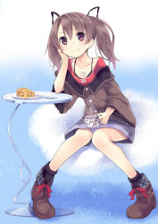 Rule 34 | 1girl, bad id, bad pixiv id, blue background, boots, brown eyes, brown hair, collarbone, cross-laced footwear, cup, food, full body, hair between eyes, hand on own cheek, hand on own face, head rest, jewelry, knees together feet apart, kyuri, necklace, original, pie, sitting, smile, solo, table, teacup, twintails, wide sleeves