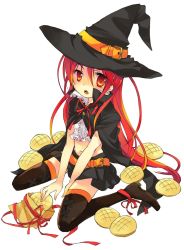 Rule 34 | 00s, 1girl, alternate costume, boots, bread, cape, crop top, food, halloween, hat, highres, long hair, melon bread, midriff, navel, red eyes, red hair, shakugan no shana, shana, simple background, sitting, solo, tachitsu teto, thigh boots, thighhighs, wariza, witch hat, zettai ryouiki