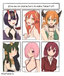 Rule 34 | 6+girls, :d, animal ears, animal hands, anubis (monster girl encyclopedia), bare shoulders, blush, breasts, choker, commentary request, crossover, eyeliner, fang, fate/grand order, fate (series), flat color, fur, glasses, green eyes, green hair, hair between eyes, hair ornament, hair over one eye, hairclip, headpiece, highres, hobgoblin (monster girl encyclopedia), horns, korean commentary, kushieda minori, large breasts, long hair, looking at viewer, makeup, mash kyrielight, mash kyrielight (swimsuit of perpetual summer), medium breasts, miia (monster musume), monster girl, monster girl encyclopedia, monster musume no iru nichijou, multiple crossover, multiple drawing challenge, multiple girls, official alternate costume, one eye closed, oni, oohashi high school uniform, open mouth, orange hair, pink hair, pointy ears, purple eyes, purple hair, red eyes, red hair, school uniform, shirt, short hair, shuten douji (fate), sidelocks, six fanarts challenge, sketch, skin-covered horns, small breasts, smile, sookmo, toradora!, upper body, usekh collar, white shirt, wolf ears, yellow eyes