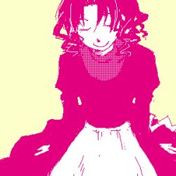 Rule 34 | 00s, 1boy, apron, closed eyes, dress, drill hair, gankutsuou, long sleeves, lowres, male focus, monochrome, peppo, pink theme, short hair, simple background, smile, solo, trap, waist apron, yellow background