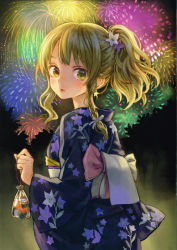 Rule 34 | 1girl, alternate costume, alternate hairstyle, ama-tou, back, blonde hair, blush, bow, braid, earrings, fireworks, fish, floral print, flower, hair bow, hair flower, hair ornament, holding, holding own hair, japanese clothes, jewelry, kimono, kirisame marisa, lips, long sleeves, looking at viewer, looking back, night, obi, parted lips, ponytail, ribbon, sash, side braid, single braid, solo, touhou, water, wide sleeves, yellow eyes