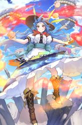 Rule 34 | &gt;:), 1girl, arms at sides, black hat, blouse, blue hair, blue skirt, blue sky, blush, boots, bow, bowtie, brown footwear, center frills, closed mouth, clothes lift, cloud, commentary request, cross-laced footwear, day, doyagao, flaming sword, flaming weapon, food, forehead, frills, from below, fruit, full body, hat, high heel boots, high heels, hinanawi tenshi, holding, holding food, holding fruit, holding sword, holding weapon, keystone, knee boots, lace-up boots, long hair, looking at viewer, outdoors, peach, petticoat, puffy short sleeves, puffy sleeves, red bow, red bowtie, red eyes, rope, shide, shimenawa, shirt, short sleeves, skirt, sky, smile, smug, solo, sparks, standing, sword, sword of hisou, syuri22, touhou, v-shaped eyebrows, weapon, white shirt