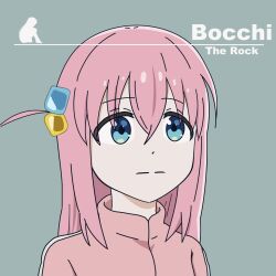 Rule 34 | 1girl, album cover, album cover redraw, blank stare, blue eyes, bocchi the rock!, cover, cube hair ornament, derivative work, el cuarteto de nos, gotoh hitori, grey background, hair ornament, highres, kanekid 14, long hair, parody, pink hair, pink track suit, solo, staring, track suit
