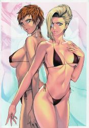 Rule 34 | 2girls, absurdres, back-to-back, bikini, black bikini, blonde hair, blue eyes, breasts, breasts apart, cleavage, collarbone, covered erect nipples, cowboy shot, earrings, eyepatch, fingernails, from side, gradient background, green eyes, groin, hair bun, halftone, halftone background, hand on own chest, highleg, highleg bikini, highleg swimsuit, highres, homare (fool&#039;s art), huge filesize, jewelry, large breasts, light smile, lips, long fingernails, looking at viewer, looking back, mature (kof), multiple girls, navel, parted lips, red hair, scan, short hair, side-tie bikini bottom, sideboob, single hair bun, smile, string bikini, swimsuit, the king of fighters, thighs, underboob, very short hair, vice (kof), zoom layer