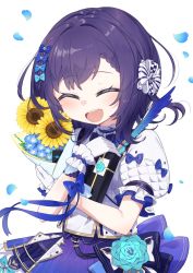Rule 34 | 1girl, :d, ^ ^, aiba uiha, blue bow, blue flower, blue rose, bouquet, bow, box, braid, braided bangs, closed eyes, commentary request, facing viewer, flower, gift, gift box, hair bow, highres, kokone (coconeeeco), long hair, nijisanji, hugging object, open mouth, petals, pleated skirt, puffy short sleeves, puffy sleeves, purple hair, purple skirt, rose, shirt, short sleeves, simple background, skirt, smile, solo, virtual youtuber, white background, white shirt, yellow flower
