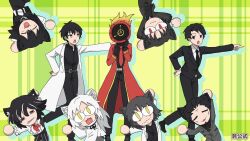 Rule 34 | 1girl, 1other, 6+boys, :3, abel (project moon), abram (project moon), adam (project moon), animal ears, ayin (project moon), black eyes, black hair, black jacket, black pants, black shirt, carnival phantasm, cat ears, catt (project moon), chibi, closed eyes, coat, collared shirt, dante (limbus company), green background, hair slicked back, highres, jacket, leviathan (project moon), library of ruina, limbus company, moses (project moon), multiple boys, necktie, neco-arc, open mouth, pants, parody, pointing, project moon, red coat, red eyes, red necktie, roland (project moon), shirol, shirt, spoilers, super affection, the distortion detective, vergilius (project moon), white coat, white hair, wing collar, wonderlab, yellow eyes