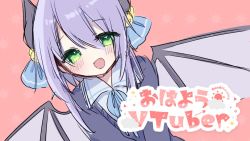 Rule 34 | 1girl, blush, bow, character name, dragon girl, dragon horns, dragon wings, good morning, green eyes, horn bow, horn ornament, horns, indie virtual youtuber, long sleeves, looking at viewer, official art, pale skin, pink background, purple hair, smile, solo, virtual youtuber, wings, yosuzu (vtuber), yosuzu dragon