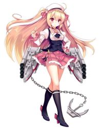 Rule 34 | 1girl, ahoge, anchor, arm at side, arm up, azur lane, beret, black legwear, blonde hair, blush, boots, breasts, cannon, chain, crescent (azur lane), full body, hat, jewelry, knee boots, long hair, looking at viewer, necklace, red eyes, shoes, solo, standing, torpedo tubes, white background
