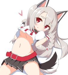 Rule 34 | 1girl, :o, animal ears, azur lane, belt, belt buckle, black gloves, black skirt, blue nails, blush, breasts, brown nails, buckle, commentary request, crop top, crop top overhang, fingerless gloves, fingernails, gloves, grey hair, groin, hair between eyes, hair ornament, highres, ichi (ichi.colors), leaning back, long hair, medium breasts, multicolored nails, nail polish, navel, parted lips, pleated skirt, puffy short sleeves, puffy sleeves, red belt, red eyes, shadow, shirt, short sleeves, skirt, solo, tail, thick eyebrows, underboob, very long hair, white background, white shirt, wolf ears, wolf girl, wolf tail, yuudachi (azur lane)