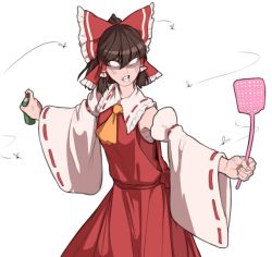 Rule 34 | 1girl, anger vein, angry, ascot, bow, brown hair, bug, bug spray, clenched teeth, collar, cowboy shot, detached sleeves, fly, flyswatter, frilled bow, frilled collar, frills, hair bow, hair tubes, hakurei reimu, insect, japanese clothes, long hair, mefomefo, miko, red bow, shaded face, simple background, solo, teeth, touhou, white background, wide sleeves, yellow ascot