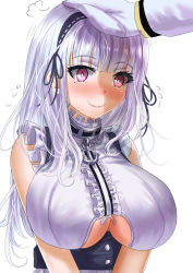 Rule 34 | 1boy, 1girl, absurdres, anchor ornament, azur lane, bare shoulders, black hairband, black ribbon, blunt bangs, blush, breasts, center frills, closed mouth, clothing cutout, collar, commander (azur lane), corset, dido (azur lane), flying sweatdrops, frilled shirt, frills, gloves, hairband, headpat, highres, kein hasegawa, large breasts, long hair, long sleeves, looking away, looking down, nervous smile, purple hair, ribbon, shirt, silver hair, simple background, sleeveless, sleeveless shirt, smile, solo focus, underboob, underboob cutout, underbust, white background, white gloves