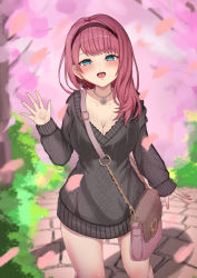 Rule 34 | 1girl, absurdres, aran sweater, asahina akane (2nd costume) (nijisanji), asahina akane (nijisanji), bag, black hairband, black sweater, blue eyes, blush, breasts, cable knit, cherry blossoms, dress, earrings, hair over shoulder, hairband, handbag, highres, jewelry, large breasts, long hair, long sleeves, looking at viewer, necklace, nijisanji, official alternate costume, open mouth, outdoors, petals, red hair, ryuhei0515teri, short dress, smile, solo, standing, sweater, sweater dress, thighs, virtual youtuber, waving