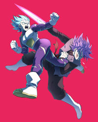 Rule 34 | 2boys, absurdres, anger vein, armor, bodysuit, boots, clenched hands, commentary request, dragon ball, dragon ball super, fighting, gloves, goku black, highres, male focus, multiple boys, open mouth, purple hair, shumai (sm318), simple background, spiked hair, spitting, teeth, tongue, torn bodysuit, torn clothes, vegeta, white footwear, white gloves