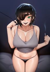 Rule 34 | 1girl, absurdres, breasts, chainsaw man, cigarette, cleavage, collarbone, crop top, eyepatch, green eyes, grey panties, grey tank top, highres, himeno (chainsaw man), kevbot, large breasts, legs together, looking at viewer, navel, open mouth, panties, short hair, smile, smoke, solo, stomach, tank top, underwear