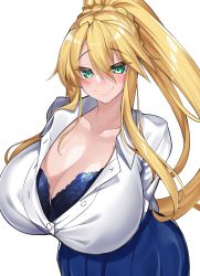 Rule 34 | 1girl, arms behind back, artoria pendragon (all), artoria pendragon (fate), artoria pendragon (lancer) (fate), blonde hair, blue bra, blue skirt, blush, bra, braid, breasts, cleavage, collarbone, cosplay, fate/grand order, fate (series), green eyes, hair between eyes, high ponytail, highres, huge breasts, long hair, looking at viewer, ponytail, saber (fate), saber (fate) (cosplay), shirt, sidelocks, simple background, skirt, smile, solo, swept bangs, unbuttoned, unbuttoned shirt, underwear, very long hair, watosu (watosu mama), white background, white shirt