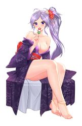 Rule 34 | 1girl, ahoge, anklet, artist name, asymmetrical hair, bare legs, bare shoulders, barefoot, blue eyes, blush, breasts, chungmechanic, cleavage, collarbone, crossed legs, dango, eating, feet, female focus, fire emblem, fire emblem: genealogy of the holy war, floral print, flower, food, full body, hair flower, hair ornament, highres, holding, holding food, ishtar (fire emblem), japanese clothes, jewelry, kimono, large breasts, legs, light purple hair, long hair, long sleeves, looking at viewer, nail polish, naked kimono, neck, nintendo, obi, off shoulder, open mouth, orange nails, parted bangs, ponytail, print kimono, purple kimono, red flower, sash, side ponytail, simple background, sitting, soles, solo, swept bangs, toenail polish, toenails, toes, very long hair, wagashi, white background, white flower, wide sleeves