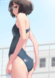 Rule 34 | 1girl, adjusting clothes, adjusting swimsuit, ass, black hair, black one-piece swimsuit, blue eyes, blue sky, breasts, building, commentary request, competition swimsuit, cowboy shot, day, fence, gradient sky, highres, jonsun, looking at viewer, one-piece swimsuit, original, outdoors, profile, short hair, sky, small breasts, solo, standing, swimsuit, twitter username