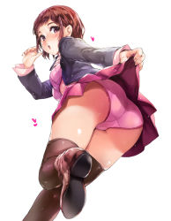 Rule 34 | 1girl, :d, ass, blush, bra, breasts, brown hair, brown thighhighs, clothes lift, fingernails, from behind, grey jacket, hand up, heart, highres, jacket, kuroiwa shinji, leg up, lifting own clothes, long sleeves, looking at viewer, looking back, medium breasts, miniskirt, open clothes, open jacket, open mouth, original, panties, pink bra, pink eyes, pink panties, pink skirt, pleated skirt, short hair, simple background, skirt, skirt lift, smile, solo, thighhighs, thighs, underwear, white background