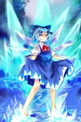 Rule 34 | 1girl, barefoot, blue dress, blue eyes, blue hair, bow, cirno, clothes lift, dress, dress lift, grin, hair bow, ice, ice block, ice wings, kutsuki kai, looking at viewer, matching hair/eyes, puffy short sleeves, puffy sleeves, shaded face, shirt, short sleeves, smile, solo, touhou, wings