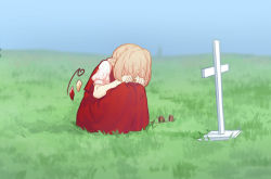 Rule 34 | 1girl, blonde hair, blue sky, commentary, cross, crystal, day, english commentary, flandre scarlet, grass, grave, knees up, no headwear, no headwear, one side up, outdoors, pointy ears, puffy short sleeves, puffy sleeves, red skirt, red vest, shirt, short hair, short sleeves, sitting, skirt, skirt set, sky, solo, sunglasses, sunglasses removed, touhou, vest, white shirt, wings, yoruny