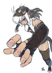 Rule 34 | 1girl, animal ears, antenna hair, arms up, bare shoulders, brown eyes, brown gloves, brown hair, brown thighhighs, closed mouth, elbow gloves, extra ears, eyelashes, fingerless gloves, fingernails, floating hair, foreshortening, front zipper swimsuit, full body, giant otter (kemono friends), gloves, kemono friends, kishida shiki, long hair, looking at viewer, meme attire, multicolored hair, one-piece swimsuit, otter ears, otter girl, otter tail, signature, simple background, solo, swimsuit, tail, tan, thighhighs, toeless legwear, toned, turtleneck, turtleneck swimsuit, two-tone hair, two-tone swimsuit, v-shaped eyebrows, vibe check, white background, white hair, zipper, zipper pull tab
