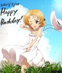 Rule 34 | 1girl, 9s0ykoyama117, absurdres, blue sky, cloud, cloudy sky, dated, dress, floating clothes, floating hat, girls und panzer, grass, happy birthday, highres, on grass, one eye closed, orange pekoe (girls und panzer), sky, solo, white dress, wind