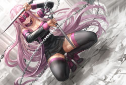 Rule 34 | 1girl, bare shoulders, blindfold, boots, breasts, buckle, chain, cleavage, collar, dagger, dress, elbow gloves, facial mark, fate/stay night, fate (series), forehead mark, gloves, infukun, knife, large breasts, long hair, medusa (fate), medusa (rider) (fate), nameless dagger (fate), panties, purple hair, smile, solo, squatting, thigh boots, thighhighs, underwear, very long hair, weapon