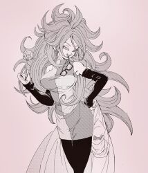 Rule 34 | 1girl, android 21, biting glasses, breasts, candy, cleavage, detached sleeves, female focus, fenyon, food, glasses, hair between eyes, hand on own hip, highres, jewelry, lab coat, long hair, looking away, medium breasts, narrow waist, simple background, solo, tail, wide hips