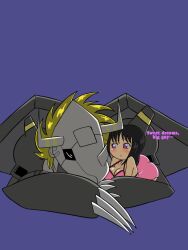 Rule 34 | 1boy, 1girl, ass, blackwargreymon, blush, breasts, claws, digimon, digimon (creature), looking at another, mask, medium breasts