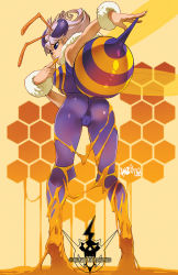 Rule 34 | 1girl, antennae, arthropod girl, ass, bee girl, breasts, cameltoe, extra eyes, food in mouth, from behind, full body, fur bracelet, fur collar, honey, insect girl, insect wings, large breasts, leotard, light purple hair, long legs, metalhanzo, pantyhose, photoshop (medium), purple eyes, purple pantyhose, q-bee, short hair, solo, standing, stinger, suggestive fluid, tiptoes, vampire (game), wings