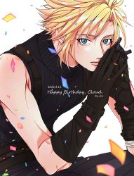Rule 34 | 1boy, armor, bandaged arm, bandages, bare shoulders, blonde hair, blue eyes, blue pants, blue shirt, brown gloves, character name, cloud strife, confetti, dated, final fantasy, final fantasy vii, final fantasy vii remake, gloves, hair between eyes, hands on own face, happy birthday, highres, leaning forward, looking at viewer, male focus, own hands together, pants, shirt, short hair, shoulder armor, sleeveless, sleeveless turtleneck, solo, spiked hair, suspenders, turtleneck, upper body, white background, y skk