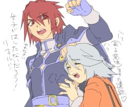 Rule 34 | 00s, 1boy, 1girl, belt, blush, cape, capelet, coat, elbow gloves, closed eyes, fingerless gloves, gloves, grey hair, kratos aurion, red eyes, red hair, raine sage, short hair, tales of (series), tales of symphonia