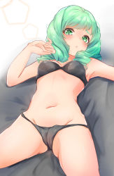 Rule 34 | 1girl, armpit peek, azumake (azumakei), bare legs, bed sheet, belly, black bra, black panties, blush, bra, breasts, cameltoe, cleavage, drill hair, fire emblem, fire emblem: three houses, flayn (fire emblem), green eyes, green hair, groin, highres, looking at viewer, lying, medium breasts, medium hair, midriff, navel, nintendo, on back, outstretched arm, panties, parted lips, simple background, solo, spread legs, twin drills, underwear, underwear only, white background