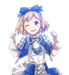 Rule 34 | 10s, 1girl, ;d, alternate costume, blonde hair, blue ribbon, brown eyes, chigusa yachiyo, djeeta (granblue fantasy), gloves, granblue fantasy, hair ribbon, hairband, kimi to boku no mirai, one eye closed, open mouth, puffy short sleeves, puffy sleeves, ribbon, short hair, short sleeves, simple background, skirt, smile, solo, sparkle, superstar (granblue fantasy), superstar ex (granblue fantasy), upper body, vest, white background, white gloves