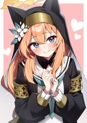 Rule 34 | 1girl, absurdres, black coat, blue archive, blue eyes, blush, closed mouth, coat, commentary, dress, gold armlet, hair between eyes, halo, head tilt, heart, highres, long hair, long sleeves, looking at viewer, mari (blue archive), multicolored background, muo (muojjang 0929), nun, puffy long sleeves, puffy sleeves, sailor collar, smile, solo, sweat, symbol-only commentary, upper body, veil, white dress, white sailor collar, yellow halo