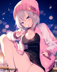 Rule 34 | 1girl, bad id, bad pixiv id, beanie, black dress, blue eyes, blurry, blurry background, blush, bokeh, breasts, candy, cleavage, clothes writing, depth of field, dress, food, groin, hand in pocket, hat, highres, holding, holding food, jacket, jewelry, kat (bu-kunn), knee up, lamppost, large breasts, light particles, lollipop, looking at viewer, necklace, night, official art, open clothes, open jacket, original, outdoors, panties, pink hair, pink jacket, short dress, short hair, sidelocks, sitting, smile, solo, star (symbol), thighs, tongue, tongue out, underwear, white panties