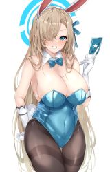 Rule 34 | 1girl, absurdres, asuna (blue archive), asuna (bunny) (blue archive), bare shoulders, black pantyhose, blue archive, blue eyes, blue leotard, blush, bow, bowtie, breasts, cleavage, commentary request, covered navel, cowboy shot, detached collar, elbow gloves, gloves, hair over one eye, halo, highres, large breasts, leotard, light brown hair, long hair, mole, mole on breast, mutou mame, pantyhose, partial commentary, playboy bunny, simple background, smile, solo, traditional bowtie, white background, white gloves