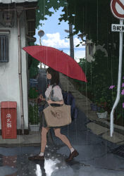 Rule 34 | 1girl, alley, ankle socks, backpack, bag, beach, black hair, cloud, cloudy sky, commentary, daphnia, day, drain (object), drainpipe, electricity meter, fire extinguisher, flower, flower pot, high heels, highres, holding, holding umbrella, hydrangea, long hair, original, plankton, plant, potted plant, puddle, pumps, rain, reflection, road sign, school bag, school uniform, shoes, sign, skirt, sky, socks, solo, tnt (aaaazzzz), traffic mirror, umbrella, utility pole