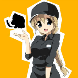 Rule 34 | 1girl, baseball cap, blonde hair, blue eyes, braid, employee uniform, hat, jumpsuit, k-on!, kotobuki tsumugi, long hair, mammoth, solo, takeya yuuki, uniform