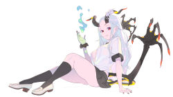 Rule 34 | 1girl, arm support, black skirt, black socks, breasts, curled horns, demon horns, enkyo yuuichirou, fingernails, flower, from side, full body, grey hair, highres, horn flower, horns, large breasts, long hair, looking at viewer, magic, microskirt, nail polish, no bra, open clothes, open shirt, original, parted bangs, pleated skirt, pointy ears, puffy short sleeves, puffy sleeves, red eyes, red nails, rose, school uniform, sharp fingernails, shirt, shoes, short sleeves, simple background, sitting, skeletal wings, skirt, smile, socks, solo, white background, white flower, white footwear, white rose, white shirt, wings, wristband