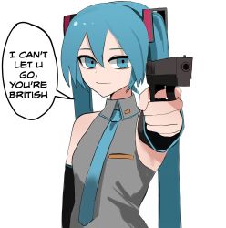 Rule 34 | 1girl, aiming, aiming at viewer, blue eyes, blue hair, blue necktie, closed mouth, collared shirt, detached sleeves, finger on trigger, grey shirt, gun, handgun, hatsune miku, highres, holding, holding gun, holding weapon, long hair, looking at viewer, mykokampfwagen, necktie, racism, shirt, sleeveless, sleeveless shirt, solo, twintails, very long hair, vocaloid, weapon, wing collar