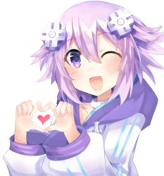 Rule 34 | 1girl, absurdres, bimmy, blush, collar, collarbone, commentary, d-pad, d-pad hair ornament, english commentary, hair between eyes, hair ornament, heart, heart hands, highres, hood, hood down, hoodie, long sleeves, looking at viewer, neptune (neptunia), neptune (series), one eye closed, open mouth, purple eyes, purple hair, short hair, simple background, solo, upper body, white background, white hoodie
