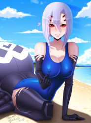 Rule 34 | 1girl, absurdres, alternate breast size, arachne, arthropod girl, artist name, bare shoulders, beach, blacksaikou, blue one-piece swimsuit, blue sky, blush, breasts, carapace, cleavage, cloud, collarbone, commentary, covered erect nipples, covered navel, day, extra eyes, eyes visible through hair, hair between eyes, hair ornament, hairclip, heart, highres, insect girl, large breasts, looking at viewer, medium breasts, monster girl, monster musume no iru nichijou, one-piece swimsuit, outdoors, parted lips, rachnera arachnera, red eyes, silver hair, sky, smile, solo, spider girl, swimsuit, taur