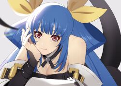 Rule 34 | 1girl, ark1478, bare shoulders, black sleeves, blue hair, bow, breasts, cleavage, commentary request, detached sleeves, dizzy (guilty gear), guilty gear, guilty gear xrd, hair bow, hair ribbon, hair rings, highres, large breasts, long hair, looking at viewer, red eyes, ribbon, wide sleeves, yellow ribbon