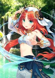 Rule 34 | 1girl, aqua eyes, arms up, bare shoulders, blue gemstone, blue skirt, bra, breasts, brooch, commentary, day, detached sleeves, fake horns, foliage, forehead jewel, gem, genshin impact, gold choker, gold trim, harem outfit, headgear, highres, horns, jewelry, long hair, looking at viewer, medium breasts, midriff, nature, nilou (genshin impact), open mouth, outdoors, red hair, skirt, sleeve cuffs, smile, solo, two-tone bra, two-tone sleeves, ugi (ugi rns), underwear, veil, vision (genshin impact), water, waterfall, white bra, white headwear, white veil