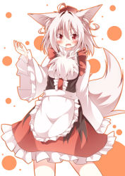 Rule 34 | 1girl, :d, animal ears, apron, blush, daidai ookami, fang, hat, highres, inubashiri momiji, looking at viewer, open mouth, red eyes, short hair, silver hair, smile, solo, tail, tokin hat, touhou, wolf ears, wolf tail