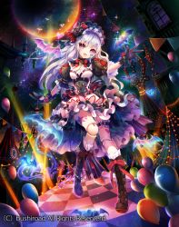 Rule 34 | 1girl, balloon, bat (animal), boots, bow, breasts, cardfight!! vanguard, cleavage, company name, doll joints, facial mark, flower, gloves, hat, heart, joints, long hair, moon, nemusuke, night, night sky, nightmare doll gerda, official art, open mouth, purple eyes, rose, sky, solo, sparkle, star (sky), tattoo, white hair